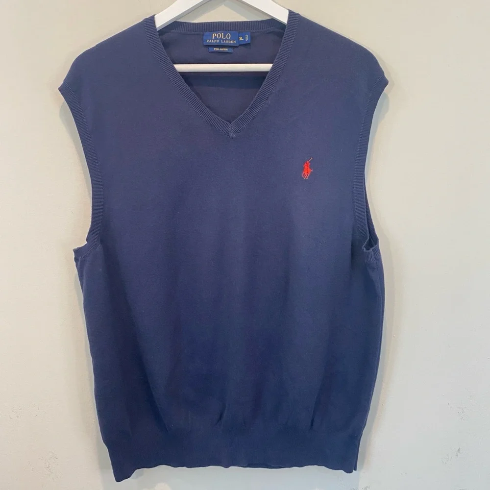 Polo Ralph Lauren Sweater Vest Men's Navy Blue Pima Cotton V-Neck Pullover sz XL